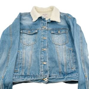 Love Tree Denim Sherpa Lined Trucker Jacket‎ Light Wash Blue Womens Small Retro
